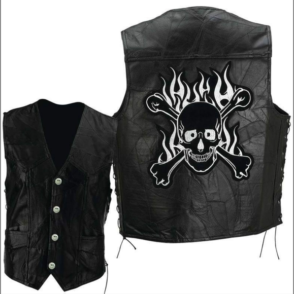 Diamond plate skull cross bones flames buffalo leather biker vest XL adj NWOT - Picture 1 of 17